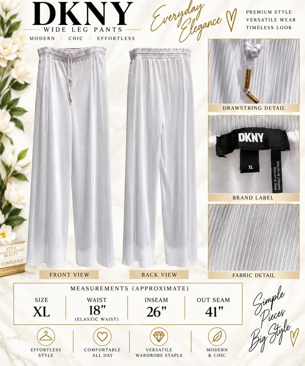 DKNY White Pleated Lined Pants*Drawstring Pants*VERY COMFORTABLE